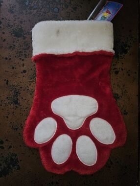 Plush Red Christmas Stocking with White Paw Print